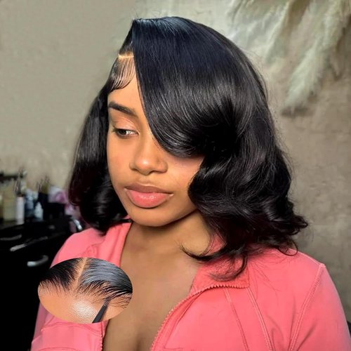 UVVUVV Glueless Wigs Human Hair Pre Plucked Pre Cut 4x4 Body Wave Bob Wig Human Hair Wear and Go Glueless Wigs Pre Plucked Pre Cut Natural Hairline 180% Density Natural Color (12 Inch)