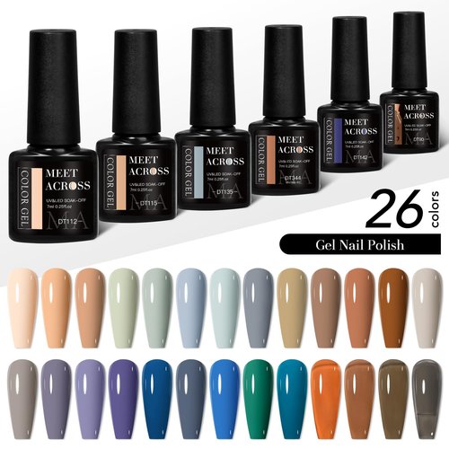 MEET ACROSS Brown Gel Nail Polish Set Nude Gel Polish 26 Colors Grey Blue Purple Roasted Chestnuts Chocolate Series Fall Winter Gel Nail Kit Gift for Women 30Pcs