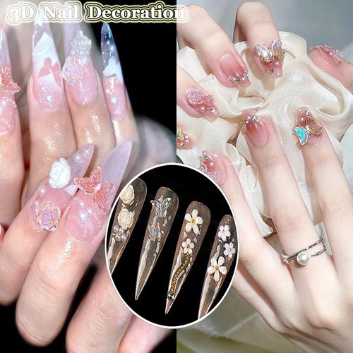 KACHIMOO 2 Boxes Mixed Nail Charms and Rhinestones 3D Butterfly Flower Bow Heart Bear Nail Art Charms Flatback Pearl Nail Gems Nail Chains for Nail Art Design