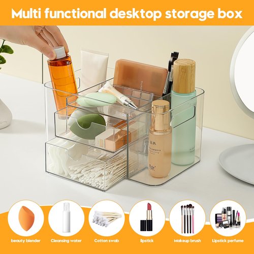 Imakmasion Acrylic Makeup Organizer for Countertop – 2 Drawers & 3 Compartments, Clear Storage Bin. Multi-use for Skincare, Cosmetics, Jewelry & Small Accessories, fits Vanity, Bathroom, Office, Craft