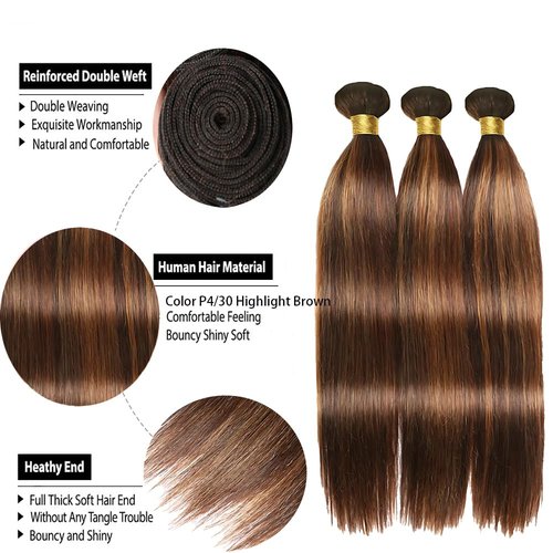 ZCMYVINND Highlight Chocolate Straight Bundles Dark Brown Bundles Human Hair 10 12 14 Inch Chocolate and Light Brown Double Weft P430 Unprocessed Brazilian Remy Hair Extensions