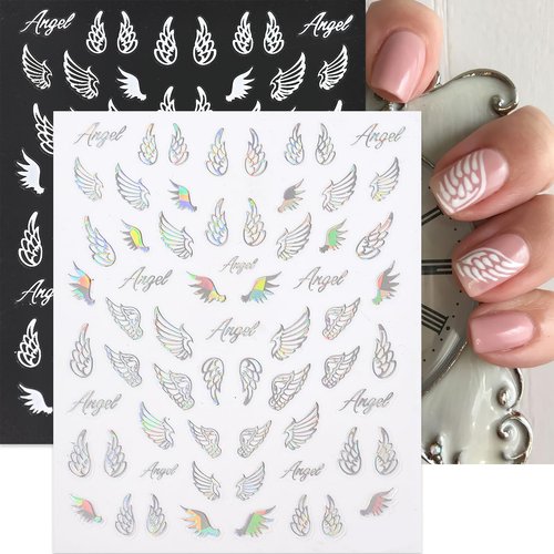 Angel Wings Nail Stickers Laser Metallic Angel Wings Nail Decals 3D Self-Adhesive Holographic Gold Silver Wings Letter Decals Stickers Design Nail Art Supplies for Nails Manicure Decorations 6 Sheets
