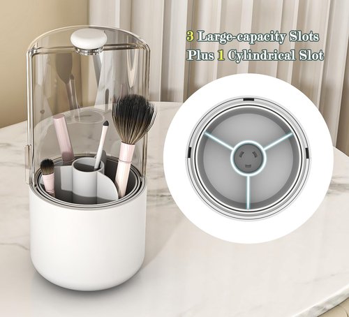 Zufudo Makeup Brush Holder with Dustproof Cover, Clear 360 Rotating Make Up Brushes Organizer for Counter Vanity Bathroom, White