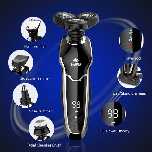 BestMal 5 in 1 Electric Shaver Razor for Men, Wet/Dry Waterproof Rechargeable With Nose Trimmer, Sideburns Hair Trimmer and Face Cleaning Brush