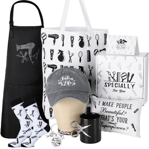 Blosssound 9 Pcs Hairdresser Gifts Set Hair Stylist Gifts with Socks Keychain Scissors Coffee Mug and Apron Makeup Bag Cards Inspirational Graduation Gift Salon Present for Hairdresser