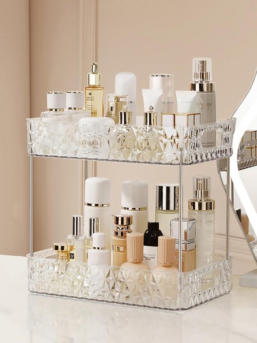 Makeup Organizer for Vanity,Bathroom Countertop Skincare Organizer,Makeup Counter Shelf Perfume Holder Rack,Cosmetic Display Case (Clear, 2 Tier)