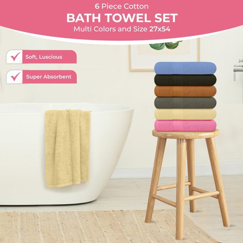 QUBA LINEN 100% Cotton Bath Towel Set – Soft, Absorbent Towels for Bathroom, Spa & Gym Use – Durable, Reusable & Machine Washable Bath Towels - Multi-Color, 27 x 54 Inches, Pack of 6
