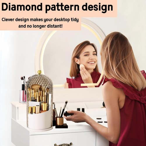 RONGZHIERK Makeup Brush Holder with Lid，Makeup Brush Storage Box with Diamond Pattern，360 Rotating Waterproof and Dustproof Beauty Brushes Storage for Vanity Bathroom,White