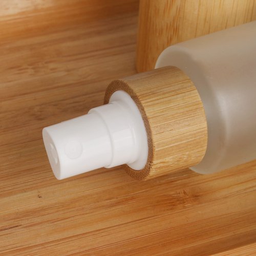 COSIDEA 6 pcs Empty 2oz /60ml bamboo lid Frosted glass spray bottle with fine mist despenser head for liquid perfume toiletries containers, toner bottles