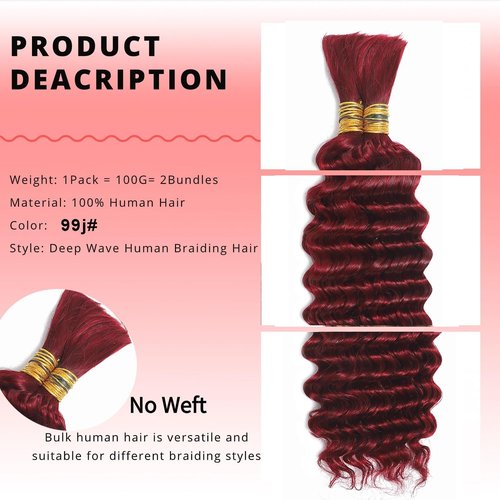 99J Burgundy Human Braiding Hair For Boho Braids 100g Deep Wave Bulk Human Hair for Braiding 12A No Weft Curly Human Hair Extensions Wet and Wavy Boho Hair for Braiding (99J-Deep Wave, 16 Inch)