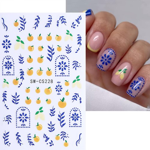 6 Sheets Fruit Nail Art Stickers Decals 3D Self-Adhesive Embossed Nail Stickers Lemon Strawberry Blueberry Banana Grape Orange Nail Decals Supplies for Women DIY Summer Manicure Decorations