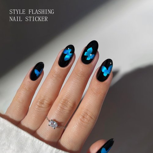 JMEOWIO Gel Nail Stickers Blue Butterfly Cat Eye Semi Cured Gel Nail Strips Wraps UV/LED Nails Art Design Decoration Accessories
