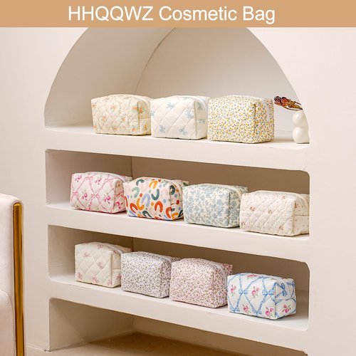 HHQQWZ Cute Floral Cotton Makeup Bag for Women, Travel Cosmetic Bag Quilted Zipper Make Up Pouch, Pink Purple Floral Flowers Toiletry Organizer Kawaii Makeup Cosmetic Travel Cloth Bag (Purple)