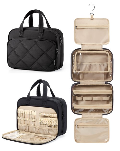 BAGSMART HangingToiletry Bag for Women, Puffy Travel Toiletry Bag with Jewelry Organizer, Waterproof Cosmetic Makeup Bag Compartment, Toiletries Kit Set for Traveling, Accessories, Essentials (Large)