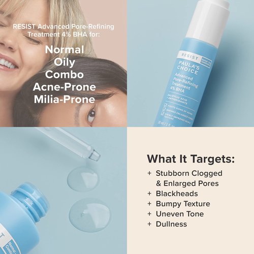 Paula's Choice RESIST Advanced Pore Refining Treatment 4% BHA Serum, Face Exfoliator with Salicylic Acid, Green Tea, Anti-Aging Exfoliant for Oily, Normal, Combination Skin, Fragrance-Free, 1 Fl Oz.