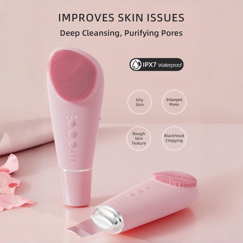 2 in 1 Electric Face Scrubber Silicone Facial Cleansing Brush, Exfoliator Scrubber & Skin Spatula Pore Cleaner Blackhead Remover Tools, Waterproof Face Brush Exfoliating Deep Cleaning Massager, Pink