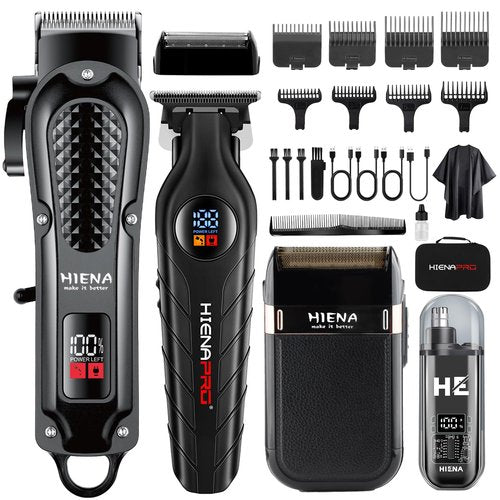 HIENA PRO Professional Cordless Hair Clippers for Men, Beard Trimmer & Elecatric Shaver & Nose Hair Trimmer Set, Rechargeable Barber Hair Cutting Grooming Kit