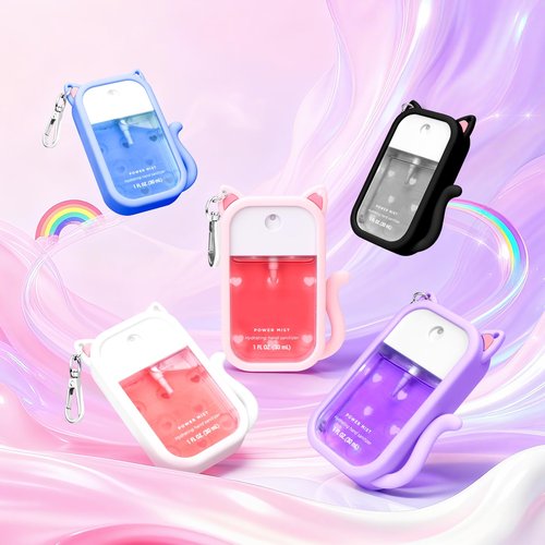 Kivzex Cat Silicone Case for Touchland Hand Sanitizer Spray with Keychain, Compatible with Power Mist & Glow Mist 1 FL Oz/30ML for Touchland Case, with Charms Accessory Cute Travel Cover Sleeve Black