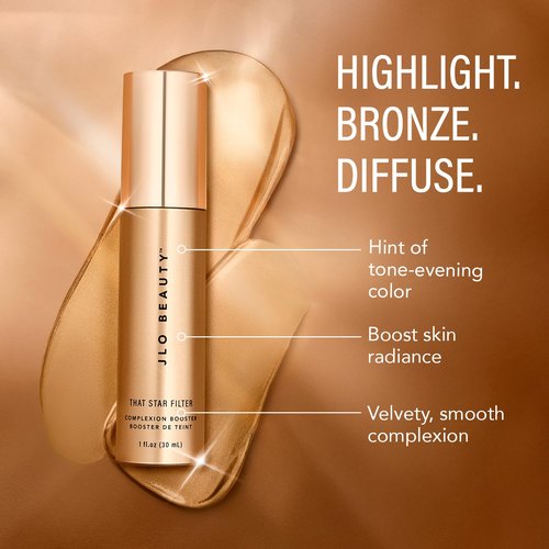 JLO BEAUTY Complexion Booster Highlighter & Bronzer for Face & Body, Lightweight Skin Care Makeup Primer with Vitamin E, Shimmer Skin Tint for Dewy Glow, That Star Filter, Pink Champagne, 1 Fl Oz