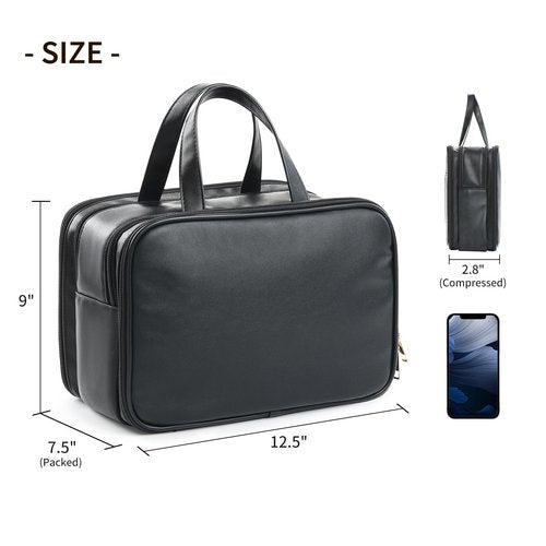 AKOIIN Large Travel Toiletry Bag with Makeup Brush Holder, 25 Pockets, Double Reinforced Handles & Luggage Sleeve, Waterproof PU Leather Cosmetic Organizer (Black)