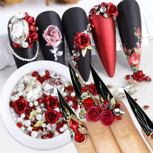 3D Red Rose Flower Nail Art Charms Valentines Nail Charms Romantic Flowers Nails Design Decorations Mixed Shiny Pearl Crystal Gems Nail Rhinestones for Women DIY Valentine Nail Jewelry Accessories
