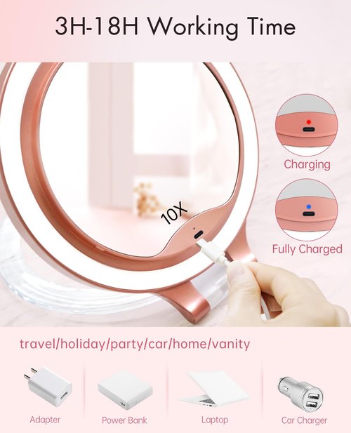 FASCINATE Magnifying Mirror 10X 1X Double Sided Magnification, Makeup Vanity Mirror Rechargeable Lighted with 3 Color Setting Adjustable Rotation LED Vanity Desk