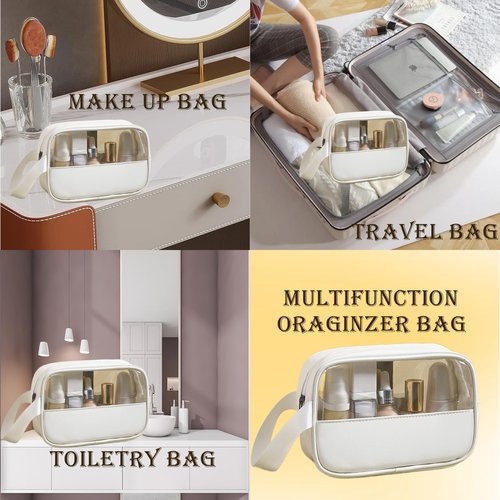 HUTUYIYI Clear Makeup Bag, Portable Travel Toiletry Cosmetic Bag Case for Women, TSA Approved Transparent PVC Waterproof Clear Pouch for Travel Essentials for Women - White