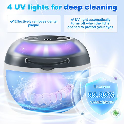 Dukya 2025 Ultrasonic Retainer Cleaner, 4 UV Lights, 45kHz Deep Clean, Retainer Cleaner Machine for Dentures, Anti Grinding Mouth Guard, Braces, Toothbrush Heads, Toothbrush