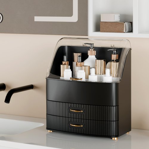 Plukers Makeup Organizer Countertop Vanity with Transparent Lid Drawers Waterproof Dustproof Cosmetic Skincare Bathroom Storage Gift for Women Teens Girls (Black)