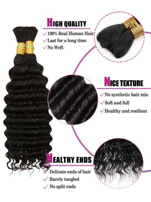 Human Braiding Hair Deep Wave Bulk Human Hair,1B Black No Weft Curly Braiding Hair Extensions for Boho Braids Wet and Wavy Braiding Human Hair Bundles(18inch,1B,100g)