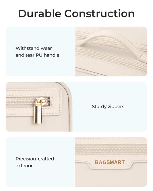BAGSMART Travel Makeup Bag, Make Up Bag with Multiple Compartments for Organizer, Durable & Compact Cosmetic Organizer for Women for Travel Accessories (Beige)