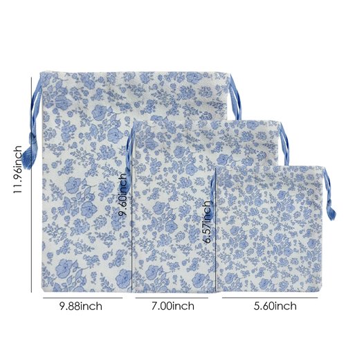 LYDZTION 4pcs Floral Drawstring Makeup Bags Pouches For Purse, Small Canvas Cloth Gift Bags Pouch For Cosmetics Jewerlry Home Travel Storage,Blue