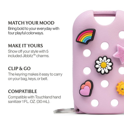 Touchland x Crocs Limited Edition Mist Case 1 Fl. OZ., Stylish Hand Sanitizer Spray Accessory, with 5 Jibbitz Charms and Keyring, Sugarpop Pink Color