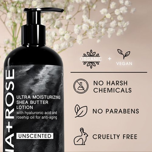PRANA+ROSE MADE IN THE USA Ultra Moisturizing Shea Butter Lotion with Hyaluronic Acid and Rosehip Oil for anti-aging ORGANIC VEGAN body and hand lotion 16oz (Unscented)