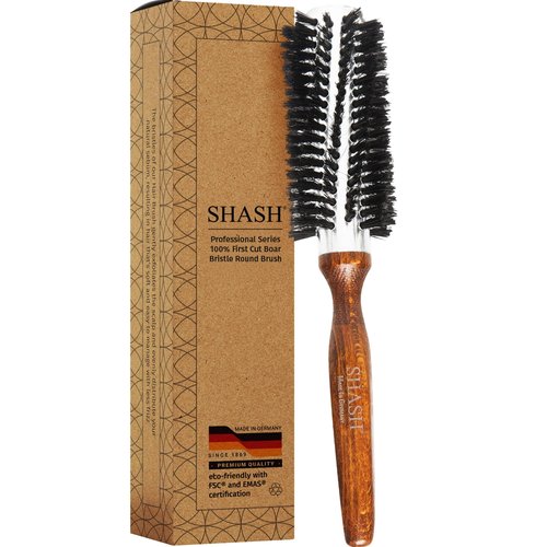 SHASH Since 1869 Hand Made In Germany Professional Series Boar Bristle Round Brush - Add Volume, Help Fight Frizz - Super-Grip Handle for Easy Styling - Eco-Sour (Small)