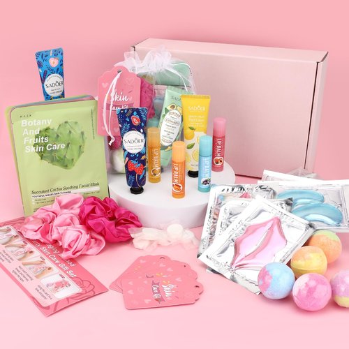 Jutqut 60PCS Spa Party Supplies for Girls, Include Facial Masks, Lip Mask, Under Eye Patches, Lip Balm, Foot Bath Bombs, Hand Cream, Compressed Towel, Hair Band, Sleepover Party Supplies for Girls