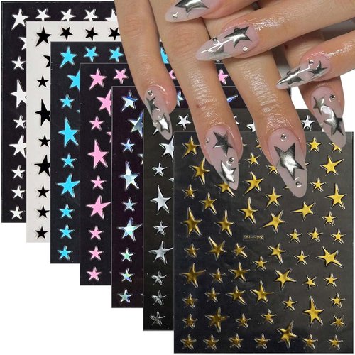 14 Sheets Star Nail Art Stickers Black White Pink Blue Laser Silver Gold Star Nail Decals Big Tiny Irregular Stars Stickers for Nails Self Adhesive Nail Art Supplies & Decorations for Women