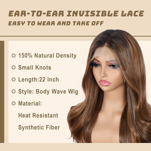 BABEHERS Honey Brown Lace Front Wig 13x4 Pre Plucked Body Wave Synthetic Lace Front Wig for Women Highlight Heat Resistant Hair 22 Inch Daily Use