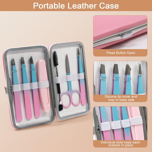 Fangze Eyebrow Tweezers Set for Women - 7 Pcs Professional Eyebrow Grooming Kit Stainless Steel Eyebrow Trim Kit with Curved Scissors for Ingrown Hair (Pink)