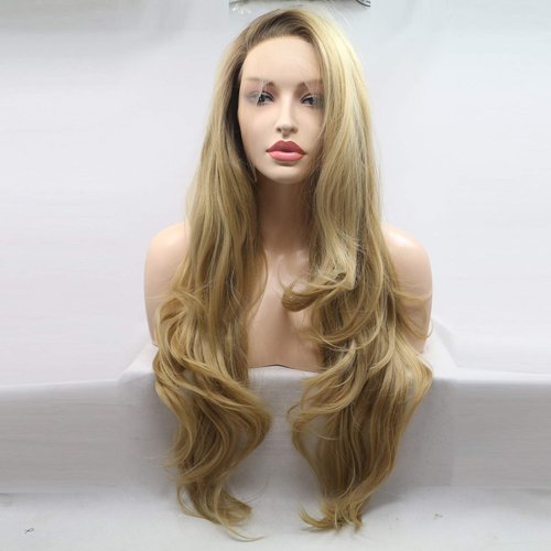 Xiweiya Long Blonde Synthetic Lace Front Wig - Wavy Side Part With Brown Root - Hair Replacement for Women, Drag Queen Makeup (24 Inch)