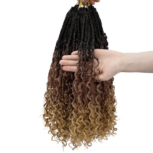 Goddess Box Braids Crochet Hair 14 Inch 8 Packs Pre-looped Bohemian Crochet Boho Box Braids With Curly Ends 3X Crochet Braids Hair for Women Synthetic Braiding Hair (14 inch, T1B/30/27)