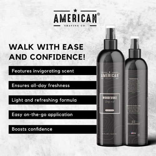 American Shaving Co. Woodevoke Body Mist For Men 8 oz, Made in USA, Quick Absorption, Quality Potent Ingredients, Long-Lasting, Non-GMO, GMP Certified, Cruelty-Free Products