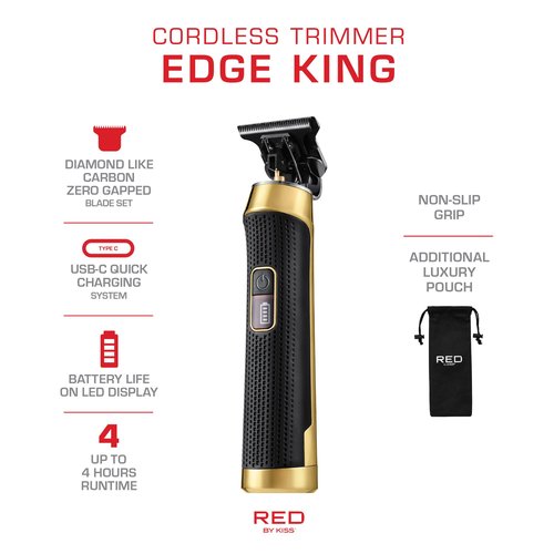 Red by Kiss Edge King Cordless Trimmer, Zero-Gapped DLC Blade for Precision Detailing, USB-C Quick Charge, Up to 4 Hours Runtime, Luxury Pouch, Blades Cover & Cleaning Supplies Included