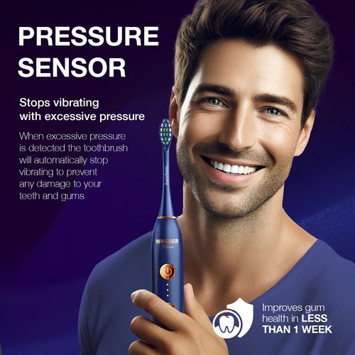Wagner Stern WHITEN+ Edition. Whitening Electric Toothbrush with Pressure Sensor. Offers 5 Brushing Modes, 3 intensities, 8 Soft Brush Heads, and a Luxury Travel case.