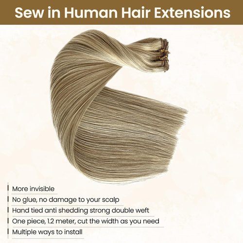 Sew in Hair Extensions Real Human Hair Ash Blonde with Platinum Blonde Highlights Weft Extension Real Remy Color Double Weft Full Head Straight Weaves Hand Tied Extensions for White Women 14 Inch