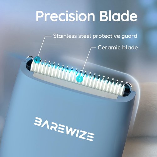 BAREWIZE Body Hair & Pubic Hair Trimmer for Men & Women, Painless Electric Body & Bikini Shaver | Waterproof, Type-C Rechargeable, LED Light, Replaceable Blade, Manscape Personal Groomer (Denim Blue)