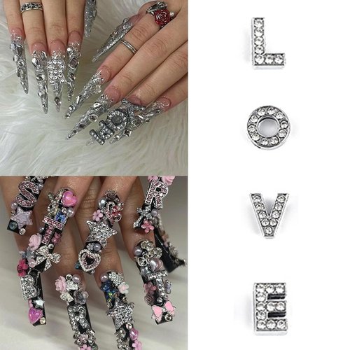 Letter Nail Charms Silver Alloy 26 Pcs, 3D Glitter Letter Charms for Nails Crystals English Alphabet Diamonds Metal Gems Nail Rhinestones Shiny Nails Art Jewels Supplies for DIY Manicure Accessories