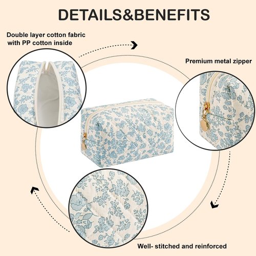 WHHJM Cute Floral Makeup Bag Small Cotton Quilted Cosmetic Bag, Aesthetic Essential Bag Emergency Bag Gift for Women Girls Travel Accessories (Blue Floral)