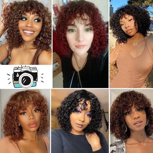 JOEDIR HAIR Short Curly Wig with Bangs Human Hair for Women Reddish Brown 12 inch Short Water Wave Bob Wig 150% Density Glueless Wig (Color: 4)
