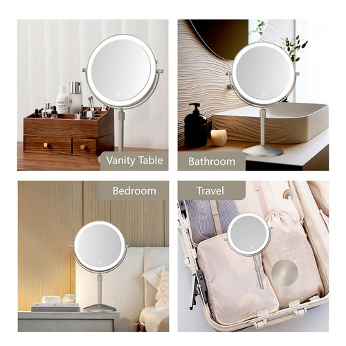 MIROAMZ 8" Lighted Makeup Mirror, 1X/10X Magnification with Light, Double Sided Dimmable, Rechargeable & Brightness & Height Adjustable, Cordless Vanity(Brushed Nickel)